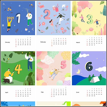 2021年清新卡通月历年历挂历蚂蚁图库精选PSD分层模板