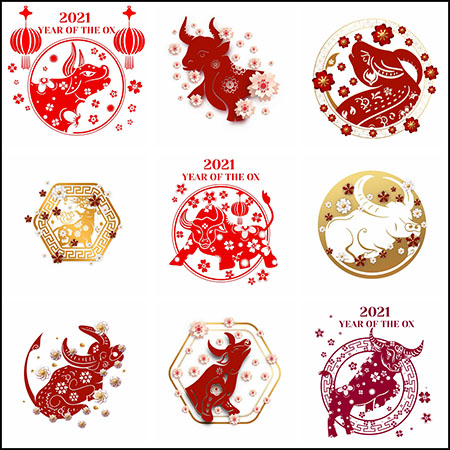 28款2021牛年春节金色红色梅华剪纸牛插图蚂蚁图库精选PSD模板