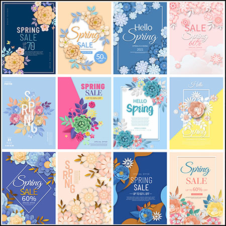 19款你好春天剪纸花卉装饰春季促销海报蚂蚁图库精选PSD模板