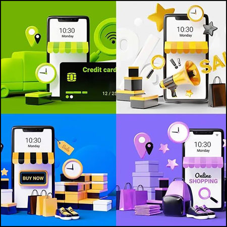 3D创意移动购物商店手机样机png/蚂蚁图库精选PSD分层模板