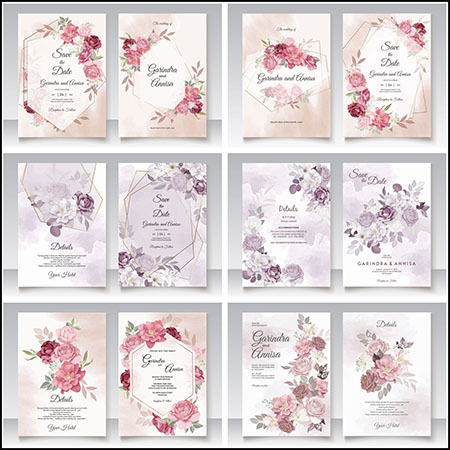 8套花卉装饰邀请函婚礼邀请卡蚂蚁素材网矢量模板精选