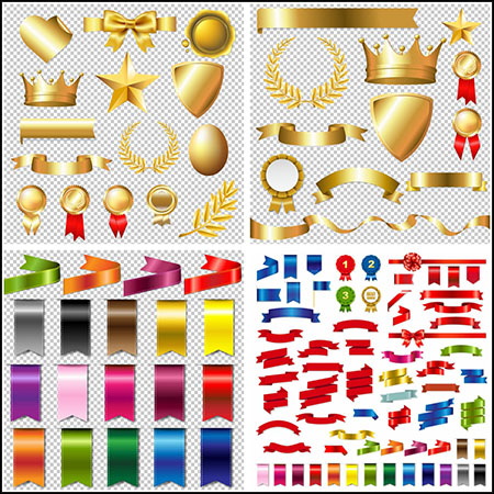 7套明亮丝带和金色奖牌皇冠标志蚂蚁素材网矢量素材精选
