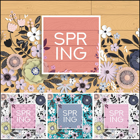 7款春季带阴影剪纸花卉横幅背景插图蚂蚁素材网矢量模板精选