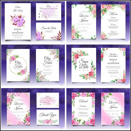 7套花卉装饰婚礼活动邀请函卡片蚂蚁素材网矢量模板精选