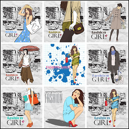 时尚女性卡通漫画风格矢量插画