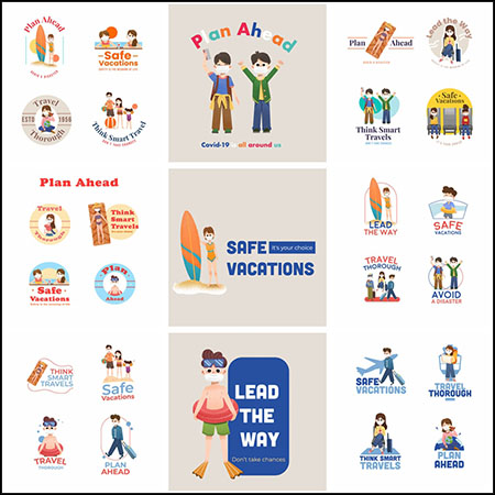 7套夏季旅游渡假场所戴口罩剪贴画LOGO标志蚂蚁素材网矢量模板精选