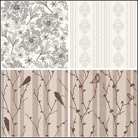 花卉小鸟和欧式花纹图案布艺风格无缝背景蚂蚁素材网矢量模板精选