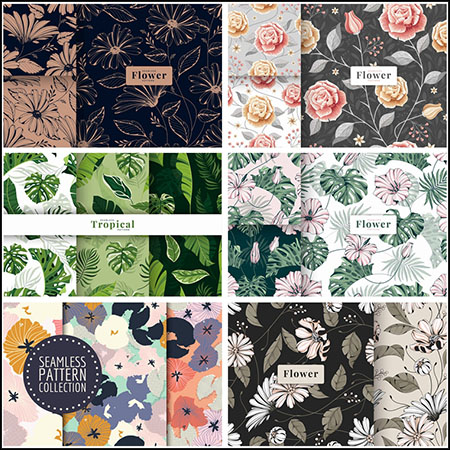 6套手绘复古花卉花纹无缝背景蚂蚁素材网矢量素材精选