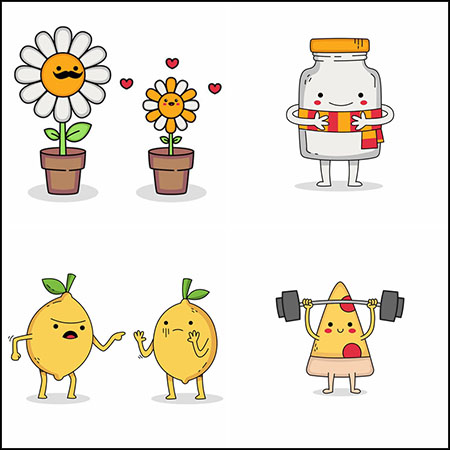 5款拟人化卡通花卉水果三明治蚂蚁素材网矢量插图精选