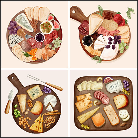 4款水彩砧板上的面包奶酪等美食蚂蚁素材网矢量插图精选