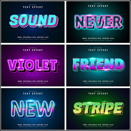 7款霓虹风格3D立体艺术字文本样式矢量模版