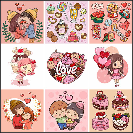 10套情人节卡通情侣人物蛋糕和糖果糖装饰品蚂蚁素材网矢量插图精选