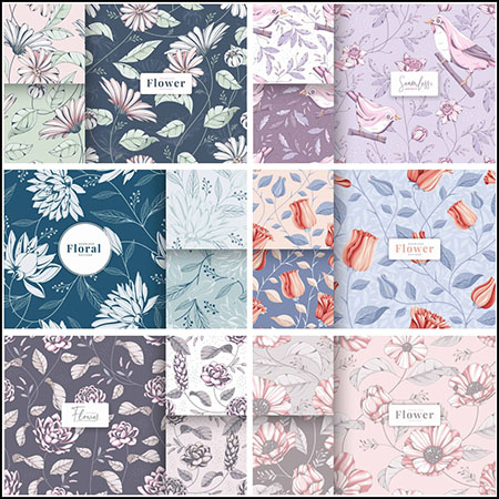 6套复古手绘花卉图案蚂蚁素材网矢量背景精选