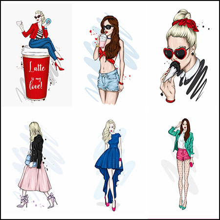 6款穿着时尚服装的卡通女人蚂蚁素材网矢量插图精选