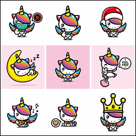 10款可爱卡通独角兽彩虹马蚂蚁素材网矢量插图精选