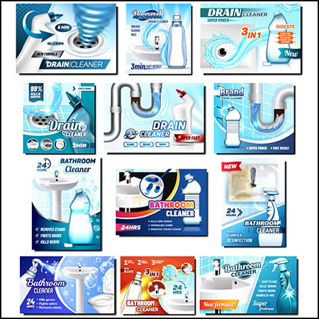 8套厨房卫生间清洁用品海报插图蚂蚁素材网矢量素材精选