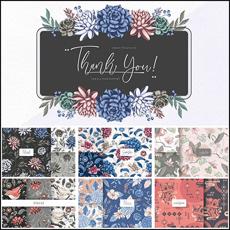 8款复古热带植物和花鸟无缝背景蚂蚁素材网矢量素材精选