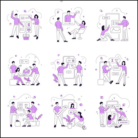 4套线性休闲商务人物蚂蚁素材网矢量插图精选