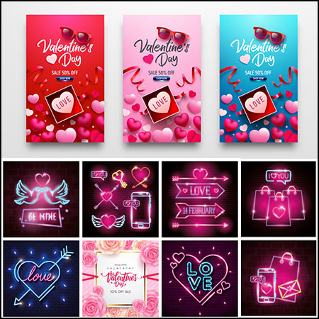 18款情人节促销横幅浪漫霓虹灯插图蚂蚁素材网矢量素材精选