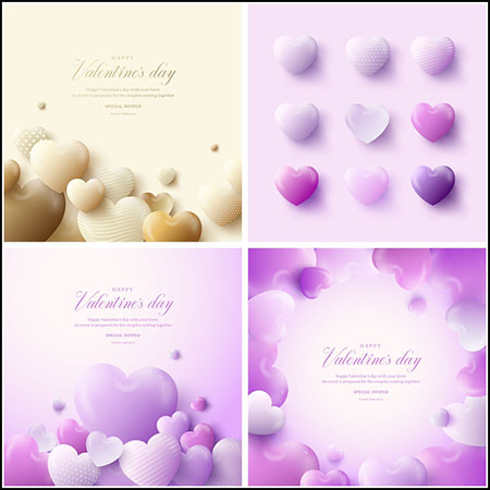 9款粉紫色3D立体爱心装饰情人节爱情海报插图背景蚂蚁素材网矢量素材精选