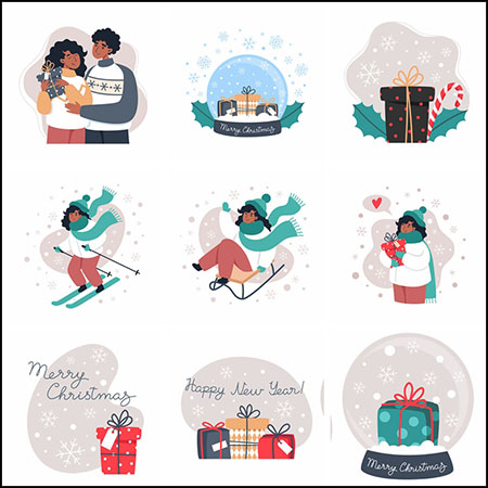 9款圣诞节扁平化滑雪卡通人物插图蚂蚁素材网矢量素材精选