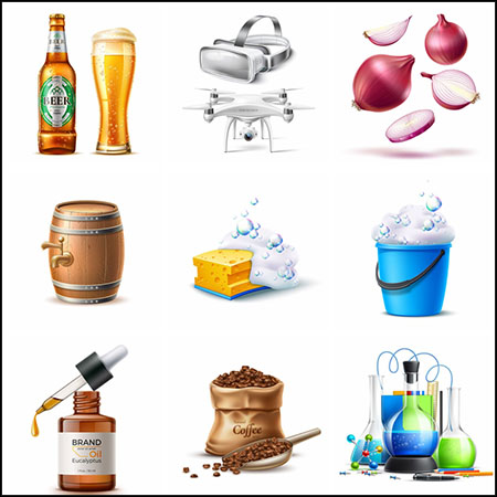 11款啤酒蔬菜果汁咖啡豆VR眼镜无人机3D插图蚂蚁素材网矢量素材精选