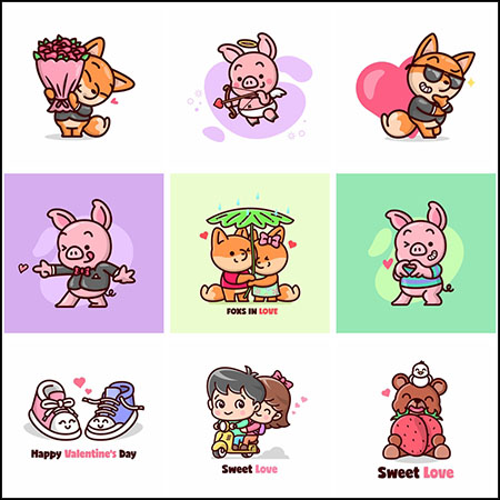 10款可爱的狐狸和猪情人节爱情情侣插图蚂蚁素材网矢量素材精选