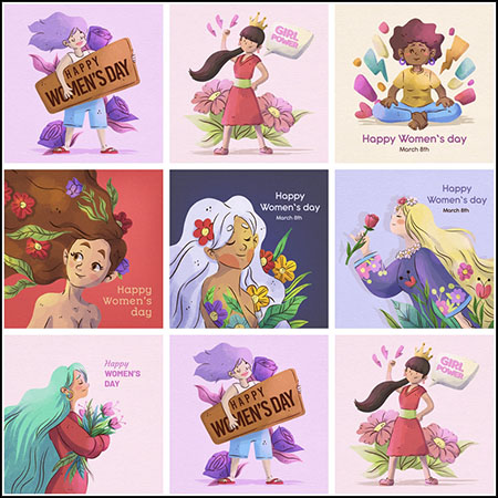 7款38妇女节三八女神节水彩女人插画蚂蚁素材网矢量素材精选