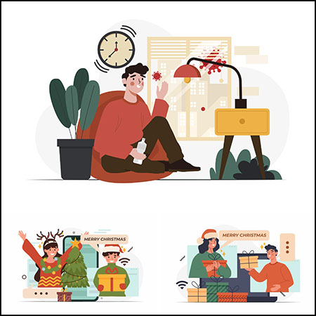 4款圣诞节快乐病毒预防概念蚂蚁素材网矢量插图精选