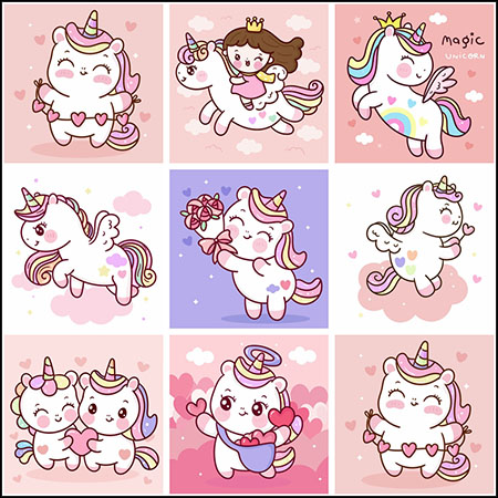 8款彩虹马独角兽卡通动物蚂蚁素材网矢量插图精选