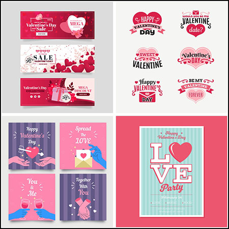 6款情人节促销横幅情人节爱心贴签剪贴画蚂蚁素材网矢量模板精选
