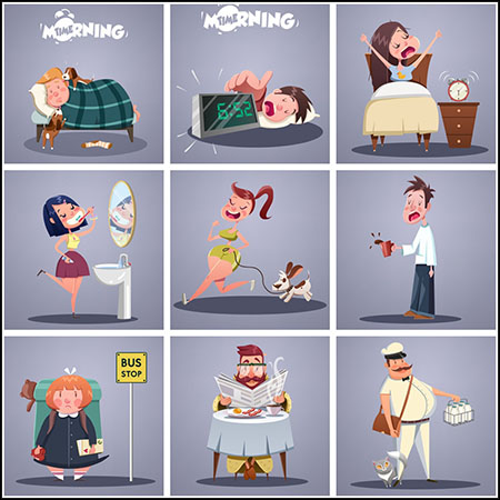 9款定时起床日常生活工作蚂蚁素材网矢量插图精选
