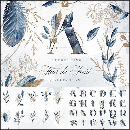 水彩花卉花圈花框和花卉装饰艺术英文字母PNG/AI蚂蚁素材网矢量插图精选