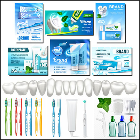 8套牙刷漱口水牙齿健康口腔清洁海报蚂蚁素材网矢量模板精选