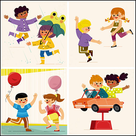 5款玩耍骑车做游戏的卡通男孩和女孩蚂蚁素材网矢量插图精选