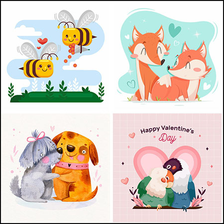 4款可爱卡通小狗鹦鹉蜜蜂狐狸动物情侣蚂蚁素材网矢量插图精选