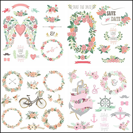 9套情人节爱心花卉花圈花边图案蚂蚁素材网矢量素材精选