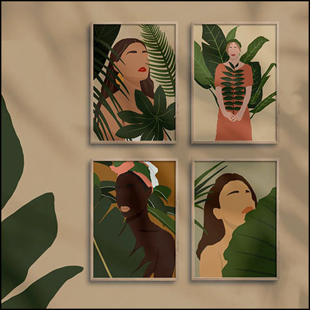 4款女性肖像插图PSD分层模板