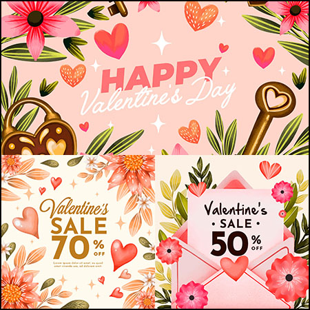 4款情人节快乐水彩促销打折横幅蚂蚁素材网矢量模板精选