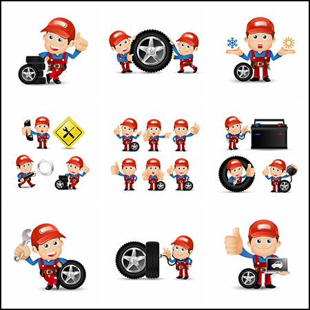 10款汽车维修保养售后卡通人物蚂蚁素材网矢量插图精选
