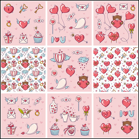 9套情人节粉色爱心甜品小熊无缝背景剪贴画蚂蚁素材网矢量素材精选