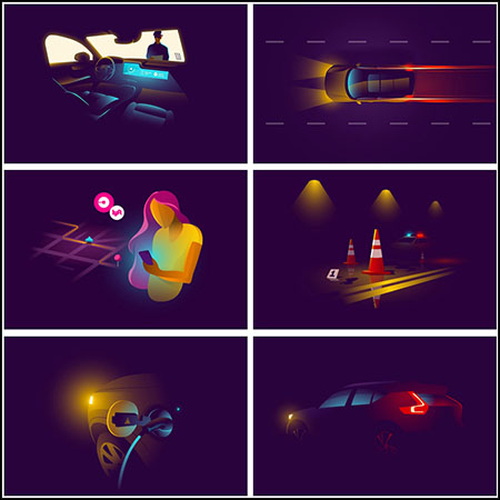 8款城市剪影汽车智能自动驾驶插图蚂蚁素材网矢量素材精选