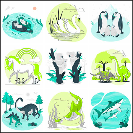 9款鲸鱼 独角兽 天鹅 恐龙 树袋熊 鲨鱼 企鹅动物蚂蚁素材网矢量插图精选