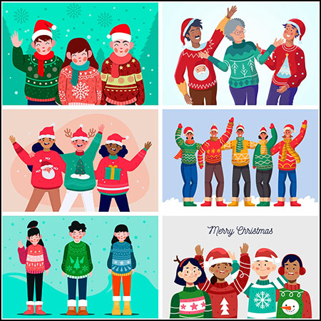 8款穿针织毛衣的圣诞人物蚂蚁素材网矢量插图精选