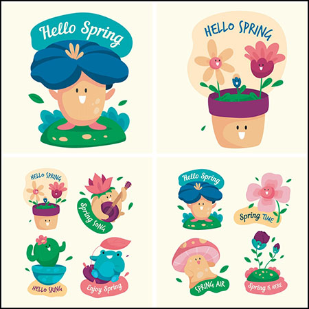 8款春天可爱拟人化植物和动物矢量标签