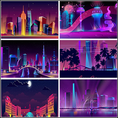 10款现代霓虹科幻夜景城市蚂蚁素材网矢量插图精选