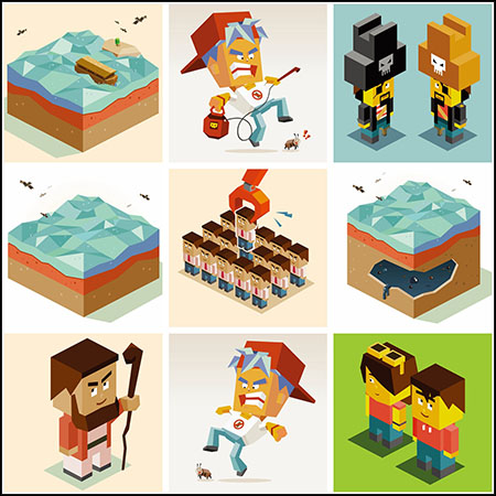 45款卡通方块人和建筑2.5D等距插图蚂蚁素材网矢量素材精选