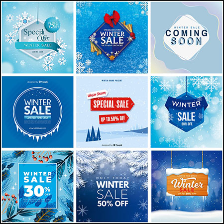13款冬季雪花装饰促销打折横幅海报蚂蚁素材网矢量模板精选