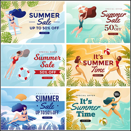 6款夏季海边旅游渡假促销横幅插图蚂蚁素材网矢量素材精选