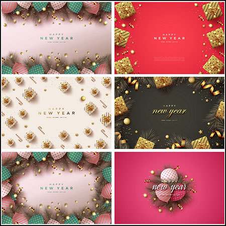 6款礼物盒装饰的新年快乐贺卡蚂蚁素材网矢量模板精选